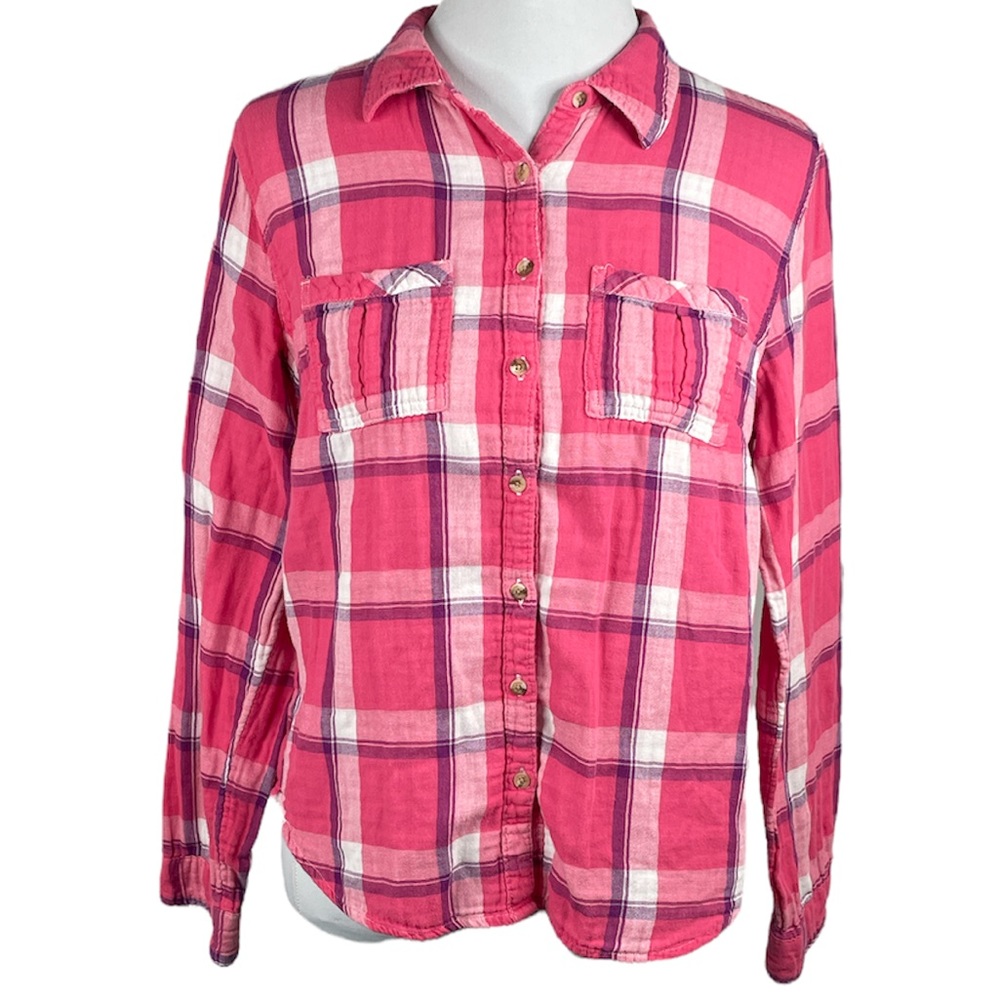 Maurices Plaid Long Sleeve Button Down Flannel Shirt Pink Purple Size Large